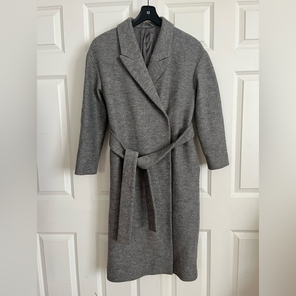 COS Belted Wrap Oversized Coat Gray Wool  Long Coat Size 8 Medium Minimalist